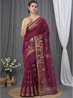 DipDiya - Maroon Blended Cotton Traditional Bengali Turki Handloom Saree Without Blouse