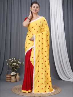 DipDiya - Yellow Red Pure Cotton Traditional Bengali Lal Pori Handloom Saree