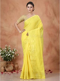 DipDiya - Yellow Blended Cotton Traditional Bengali Temo Handloom Saree Without Blouse