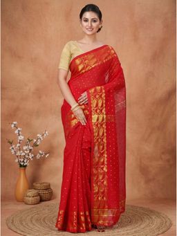 DipDiya - Red Blended Cotton Traditional Bengali Temo Handloom Saree Without Blouse