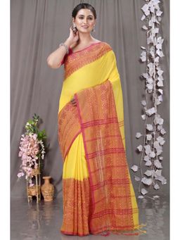 DipDiya - Yellow Red Pure Cotton Traditional Bengali Begompuri Handloom Saree with Unstitched Blouse
