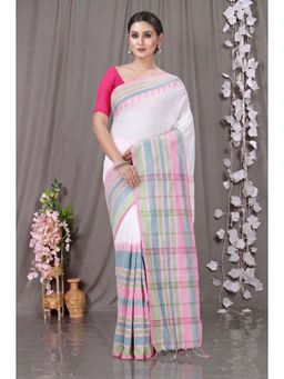 DipDiya - White Pink Pure Cotton Traditional Bengali Begompuri Handloom Saree with Unstitched Blouse