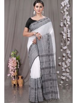 DipDiya - Black White Pure Cotton Traditional Bengali Begompuri Handloom Saree with Unstitched Blouse