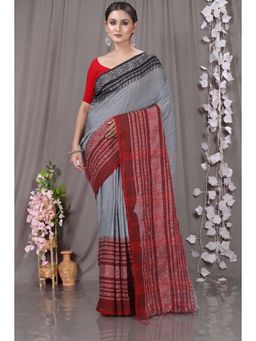 DipDiya - Grey Black Pure Cotton Traditional Bengali Begompuri Handloom Saree with Unstitched Blouse