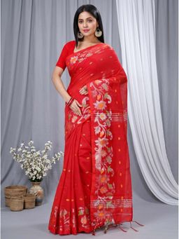 DipDiya - Red Blended Cotton Traditional Bengali Nisa Handloom Saree Without Blouse