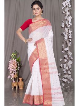 DipDiya - White Pure Cotton Traditional Bengali Asmani Tant Saree Without Blouse