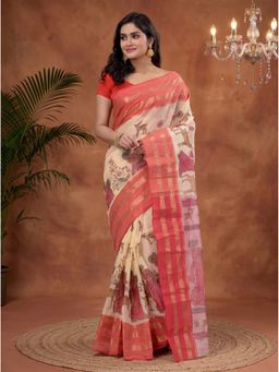 DipDiya - Red Pure Cotton Traditional Bengali Sakuntala Printed Tant Saree