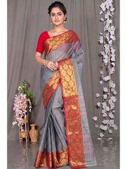 DipDiya - Grey Pure Cotton Traditional Bengali Asmani Tant Saree Without Blouse