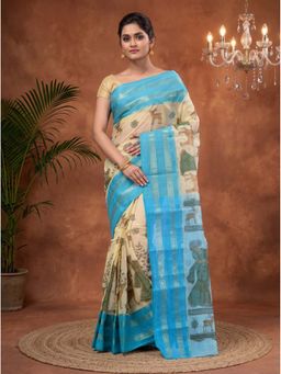 DipDiya - Blue Pure Cotton Traditional Bengali Sakuntala Printed Tant Saree