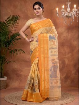 DipDiya - Brown Pure Cotton Traditional Bengali Sakuntala Printed Tant Saree