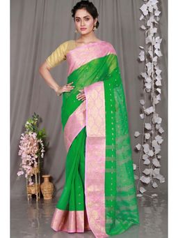 DipDiya - Green Pure Cotton Traditional Bengali Asmani Tant Saree Without Blouse