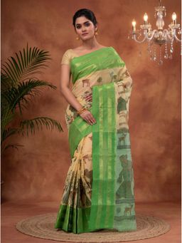 DipDiya - Green Pure Cotton Traditional Bengali Sakuntala Printed Tant Saree