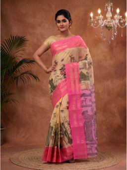 DipDiya - Pink Pure Cotton Traditional Bengali Sakuntala Printed Tant Saree