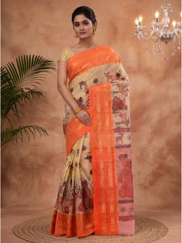 DipDiya - Orange Pure Cotton Traditional Bengali Sakuntala Printed Tant Saree
