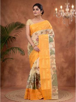 DipDiya - Yellow Pure Cotton Traditional Bengali Sakuntala Printed Tant Saree