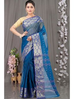 DipDiya - Night Blue Pure Cotton Traditional Bengali Asmani Tant Saree Without Blouse
