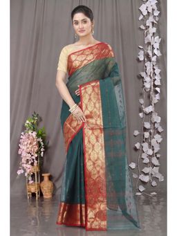 DipDiya - Dark Green Pure Cotton Traditional Bengali Asmani Tant Saree Without Blouse