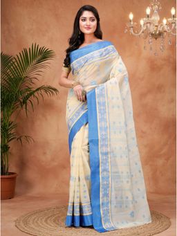 DipDiya - Sky Blue Pure Cotton Traditional Bengali Bollata Tant Saree Without Blouse