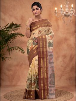 DipDiya - Brown Pure Cotton Traditional Bengali Sakuntala Printed Tant Saree