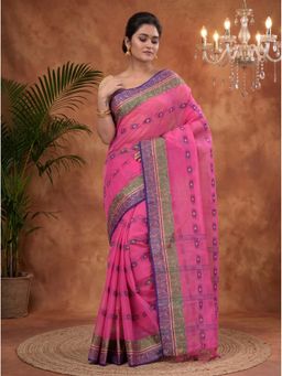 DipDiya - Pink Pure Cotton Traditional Bengali Pushti Tant Saree