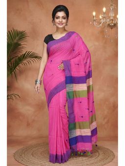 DipDiya - Pink Pure Cotton Traditional Bengali Classic Handloom Saree with Unstitched Blouse