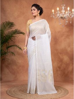 DipDiya - White Blended Cotton Traditional Bengali Half Style Jamdani Saree Without Blouse