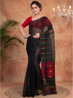 DipDiya - Black Blended Cotton Traditional Bengali Half Style Jamdani Saree Without Blouse