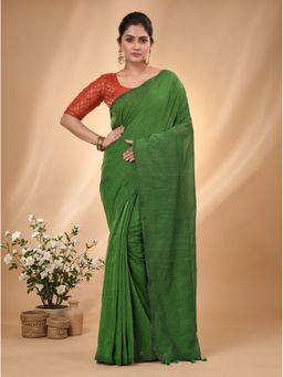 DipDiya - Green Pure Cotton Traditional Bengali Thankhad Handloom Saree Without Blouse