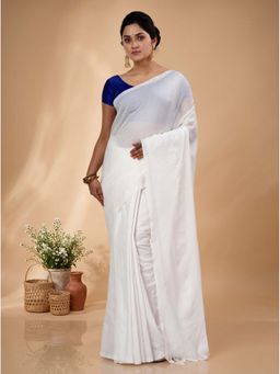 DipDiya - White Pure Cotton Traditional Bengali Thankhad Handloom Saree Without Blouse