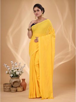 DipDiya - Yellow Pure Cotton Traditional Bengali Thankhad Handloom Saree Without Blouse
