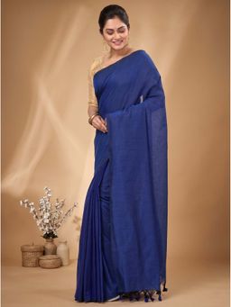 DipDiya - Naby Blue Pure Cotton Traditional Bengali Thankhad Handloom Saree Without Blouse