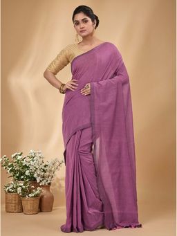 DipDiya - Purple Pure Cotton Traditional Bengali Thankhad Handloom Saree Without Blouse