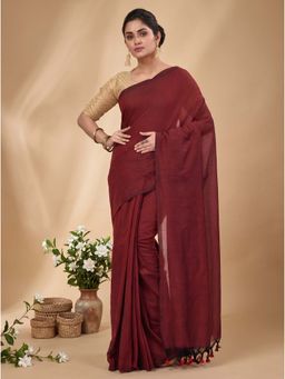 DipDiya - Brown Pure Cotton Traditional Bengali Thankhad Handloom Saree Without Blouse
