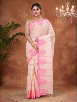 DipDiya - Pink Pure Cotton Traditional Bengali Botgach Tant Saree Without Blouse