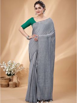 DipDiya - Grey Pure Cotton Traditional Bengali Thankhad Handloom Saree Without Blouse