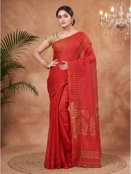 DipDiya - Red Blended Cotton Traditional Bengali Half Style Jamdani Saree Without Blouse