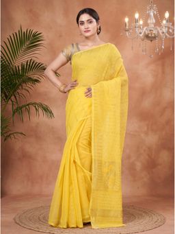 DipDiya - Yellow Blended Cotton Traditional Bengali Half Style Jamdani Saree Without Blouse