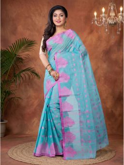 DipDiya - Cyan Pure Cotton Traditional Bengali Botgach Tant Saree Without Blouse