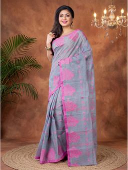 DipDiya - Grey Pure Cotton Traditional Bengali Botgach Tant Saree Without Blouse