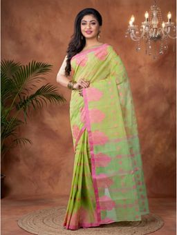 DipDiya - Olive Green Pure Cotton Traditional Bengali Botgach Tant Saree Without Blouse