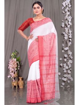 DipDiya - White Pure Cotton Traditional Bengali Begompuri Handloom Saree with Unstitched Blouse
