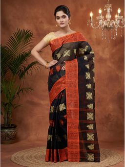DipDiya - Black Pure Cotton Traditional Bengali Suparna Buti Tant Saree Without Blouse
