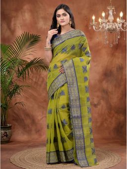 DipDiya - Green Pure Cotton Traditional Bengali Suparna Buti Tant Saree Without Blouse