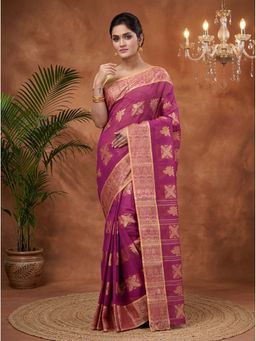 DipDiya - Purple Pure Cotton Traditional Bengali Suparna Buti Tant Saree Without Blouse