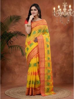 DipDiya - Yellow Pure Cotton Traditional Bengali Suparna Buti Tant Saree Without Blouse