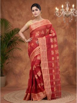 DipDiya - Red Pure Cotton Traditional Bengali Suparna Buti Tant Saree Without Blouse