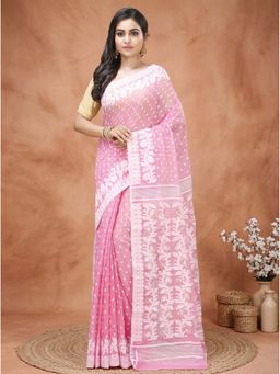 DipDiya - Pink Pure Cotton Traditional Bengali Bolljam Jamdani Saree