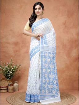 DipDiya - Sky Blue Pure Cotton Traditional Bengali Bolljam Jamdani Saree