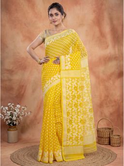 DipDiya - Yellow Pure Cotton Traditional Bengali Bolljam Jamdani Saree