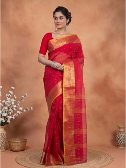 DipDiya - Red Pure Cotton Traditional Bengali Churi Par Tant Saree